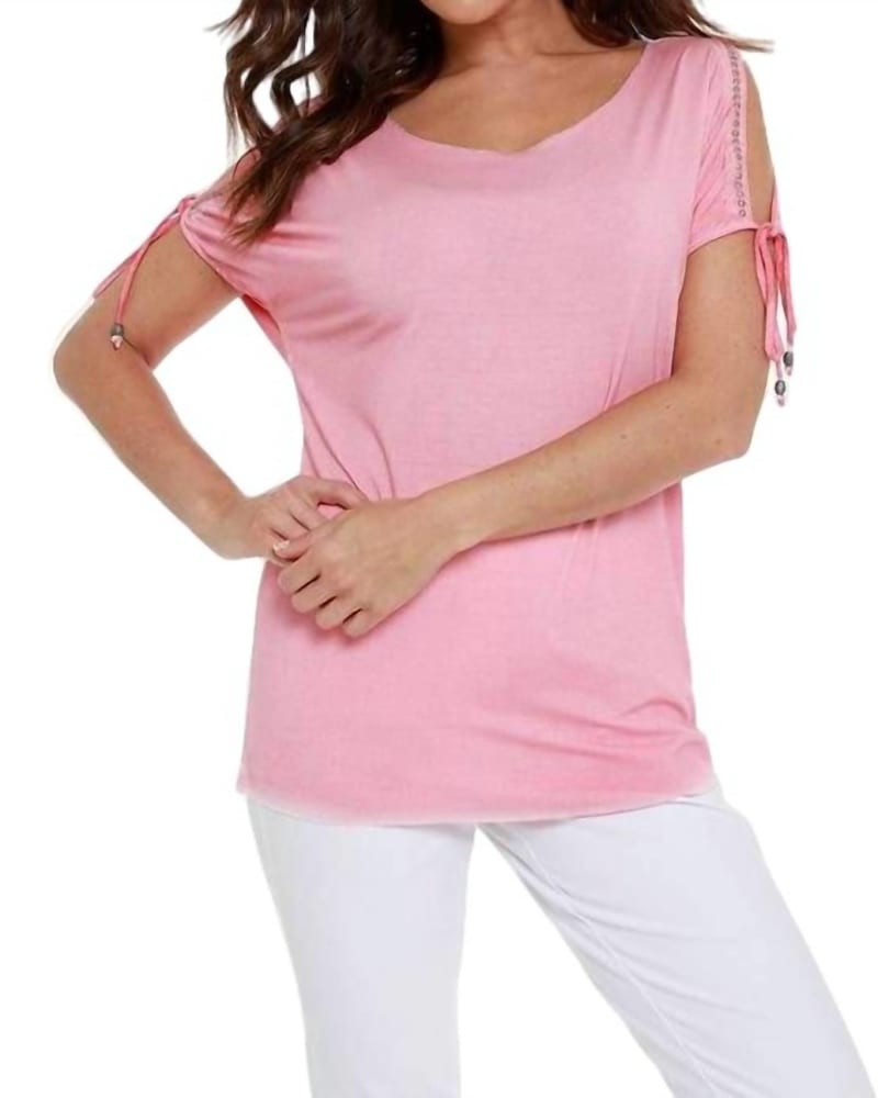 Front of a model wearing a size XL Beaded Cold Shoulder Top in Coral in Coral by ANGEL. | dia_product_style_image_id:325940